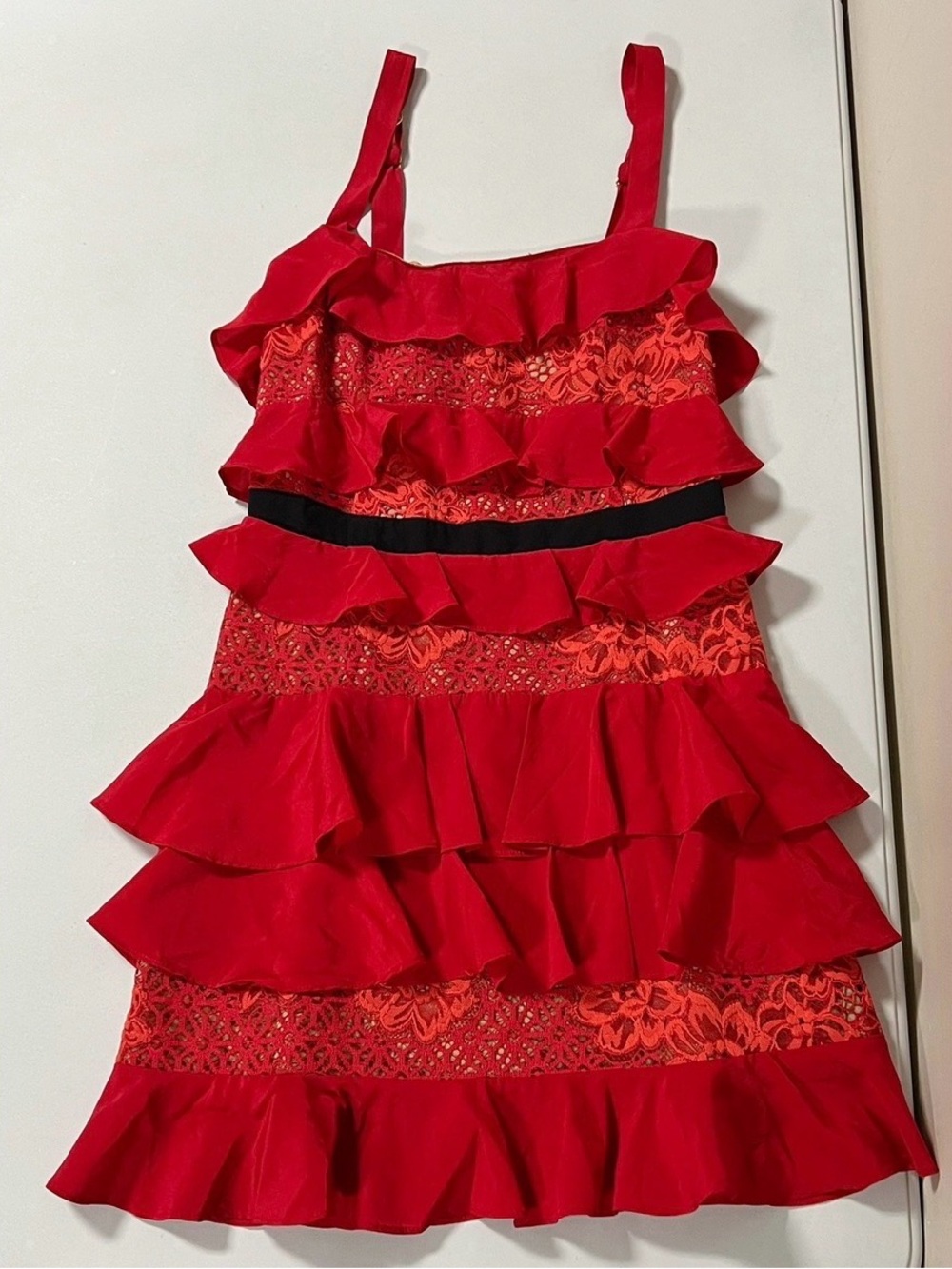 For Love & Lemons Red Floral Lace Ruffle Spaghetti Strap Mini Dress Size XS 🌹✨